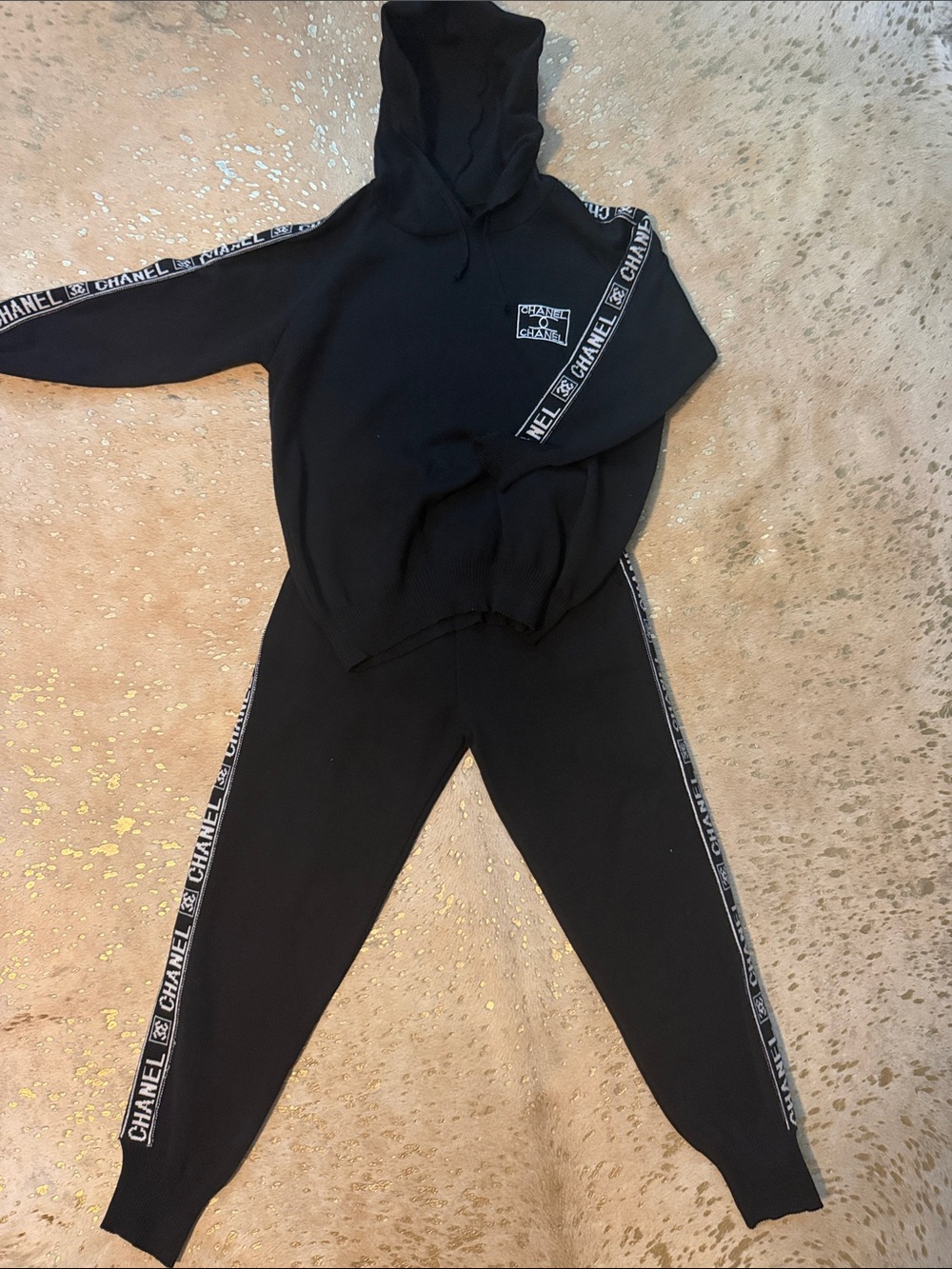 CHANEL Black Logo Tape Hoodie & Joggers Sweater Set